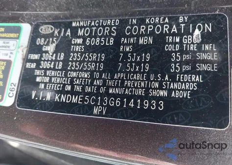 2016 Kia Sedona Sx Luxury from USA, damaged, VIN KNDME5C13G6141933